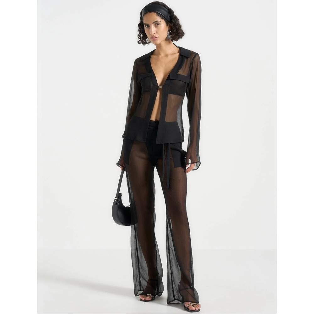 Maniere De Voir Sheer Black Long-Sleeve Button Front Top